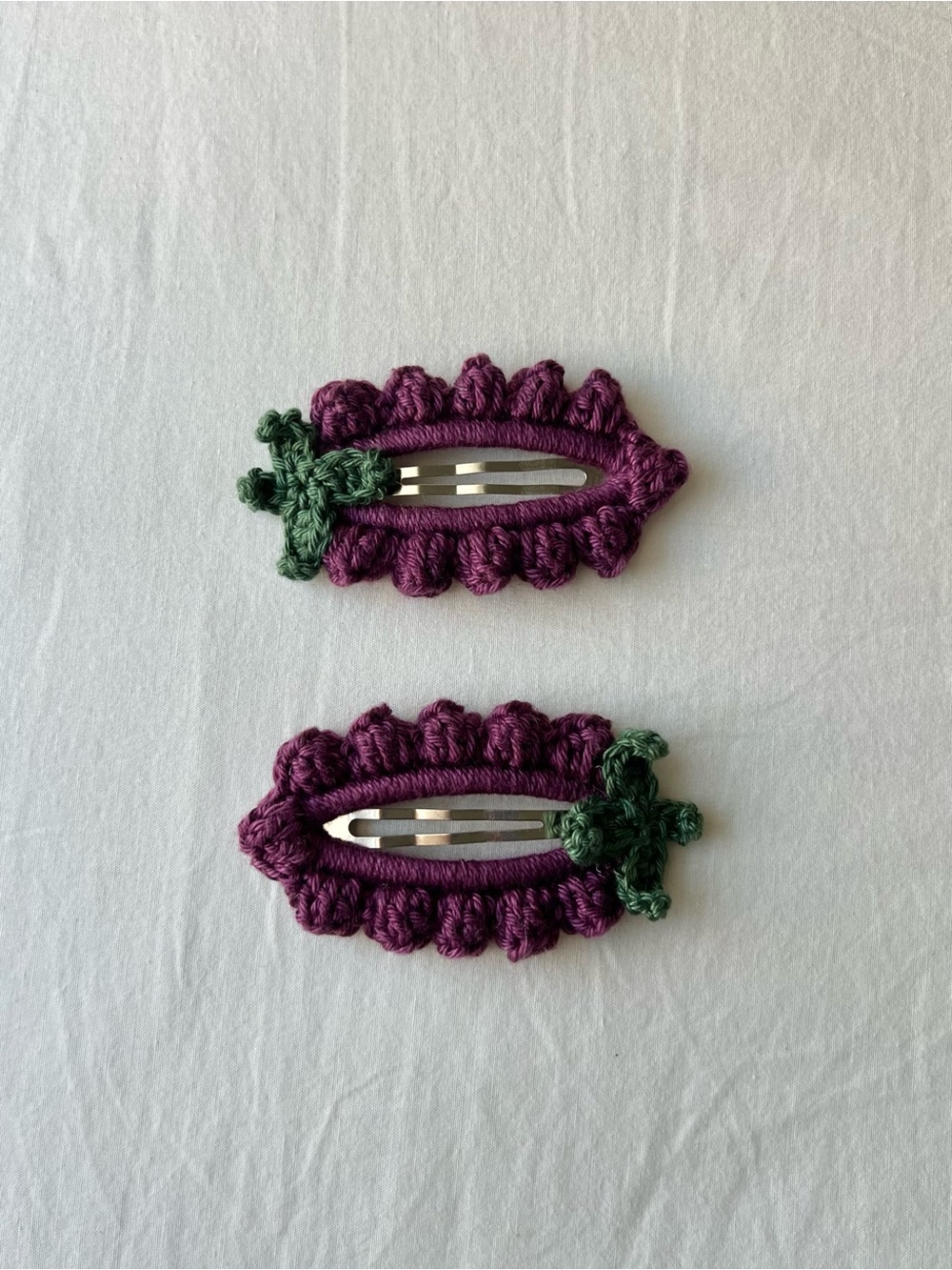 Purple Crochet Snap Hair Clips with Green Leaf Accent